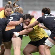 Cassandra Tuffnail and her Trailfinders Women teammates battling Exeter Chiefs.